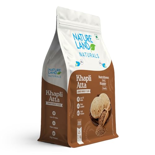 Image of Natureland Naturals Khapli flour 2 kg- Low-Gluten Wheat Flour | High Dietary Fiber for Easy Digestion | Stoneground Emmer | Khapli Atta (Pack of 2)