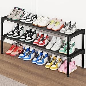 Long Shoe Rack-Shoe Organizer 2 Tier Shoe Rack for Closet Front Door Entryway Garage, Stackable Free Standing and Freely Combinable Shoe Storage, Space Saving Small Shoe Shelves.