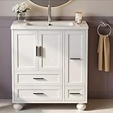 LIKIMIO 29.5' Bathroom Vanity with Sink, Hair Tool Drawer, 4 Solid Legs, 4 Drawers 2 Doors, Modern Freestanding Wooden Bathroom Cabinet with Undermount Upgraded SMC Sink, Quick Assembly, White