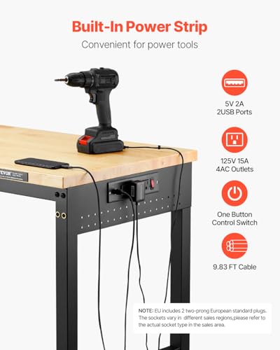 Image of VEVOR Adjustable Workbench, 60 Inch Work Bench with Power Outlet, Wheels, and Pegboard, 2000 lbs Load Heavy Duty Oak Wood Top Work Table for Garage, Workshop, Office, and Home