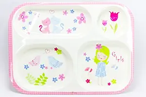 Rachnas Environment Safe Animal Printed 4 Section Baby/Kids Rectangular Melamine Plate - 24145 - Pink