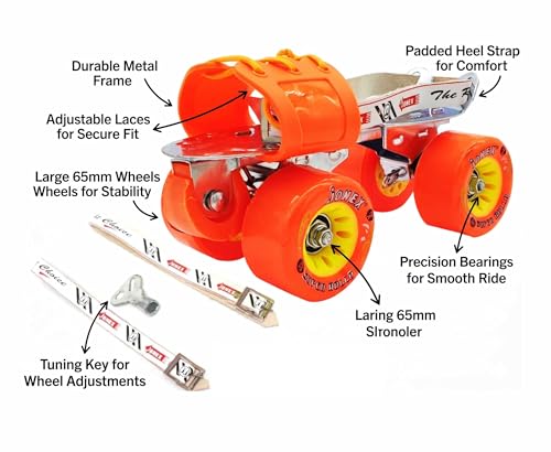 Image of Jonex Unisex Super Rollo Adjustable Quad Roller Skates for Youth and Adult (7-18 Years), Indoor Outdoor Wheels, Metal Body, 65 mm Wheels, Color - Red