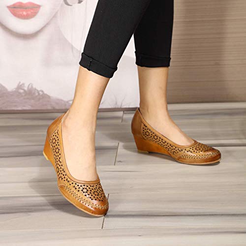 Image of Mona flying Women's Leather Closed Toe Mid Heel Wedges Comfy Dress Pumps