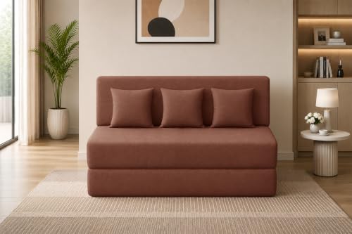 Image of Los Angeles Foldable 3 Seater Sofa Cum Bed, Sofa Bed 5X6 Feet Jute Fabric Washable Cover- Including Cushion Perfect for Living Room - Brown