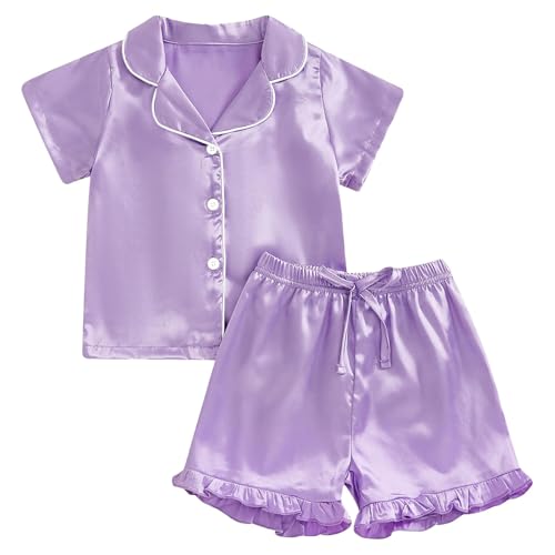 Generisch Chica Moda Sólido Solapa Botón Abajo Manga Corta Blusa Pantalones Cortos Dos Piezas Traje Chaqueta Vaquera Niños 152, morado, 6-7 años