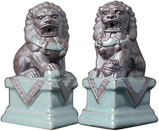 ZHIRCEKE Feng Shui Wealth Figurine Statue Leone Porsperity Pair of Fu Dogs Foo Ceramic Sculpture Sand Violet Ornaments, Best Congratulatory Housewarming Gift Set