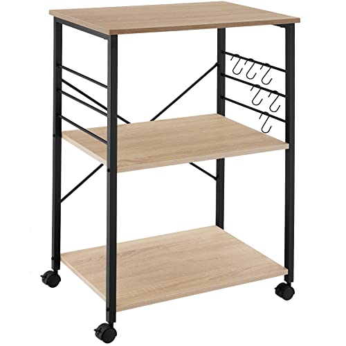 tectake® Carrello Cucina 65,5x45,5x88,5cm, Carrello con Ruote 3 ripiani, Scaffale Salvaspazio Microonde, Organizer Cucina Portaoggetti con Ganci, per Casa e Dispensa, Stile Industriale - Legno Chiaro