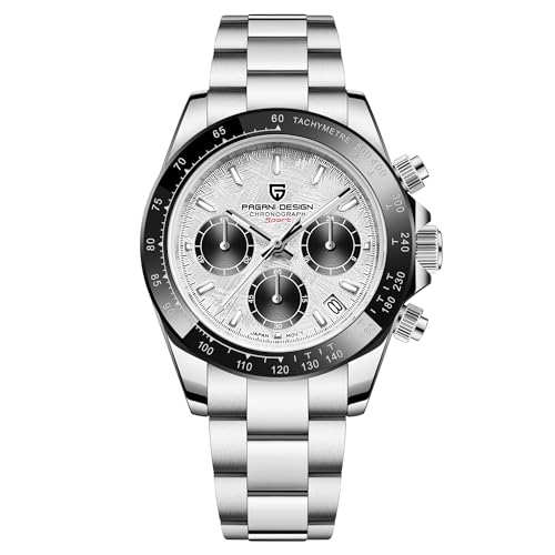 Pagani Design Herren-Quarzuhr mit einfachem Chronographencode, wasserdicht, Keramik und Edelstahl(Silber Weiß GY)