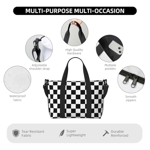 Chessboard Checkerboard Black White Print Travel Duffle Bags for Women, Personal Item Overnight Weekender Sport Carry On Gym Bag for Men Women3