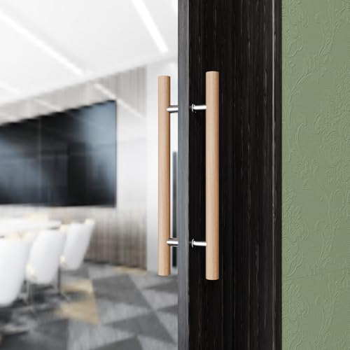 Glass Door Handle 304 Solid Connector, Wood Handle For Sauna Room, Double Sided Push Pull Handle Beech Wood Door Pull, H Shape Door Handle Bar (Wood color(Straight connector), Length 12 inch)