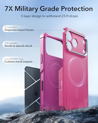 Image of ESR for iPhone 17 Pro Max Phone Case with Stand, 23ft Military-Grade Drop Protection with Camera Control, Shock-Absorbing Rugged Cover, Compatible with MagSafe Accessories, Cyber Series, Pink