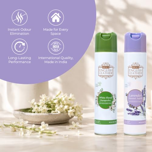 Image of Next Care English Leather Lavender & White Floral Air Freshener Spray for Home, Car & Office - 220 ml Each (Pack of 2) | Room Freshener with Floral Fragrances | Odor Reducing Spray