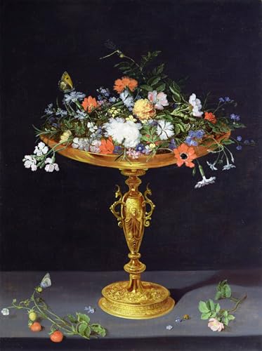 Peinture murale Jan l'Ancien Brueghel : toile Fleurs dans une tazza dorée 60x90cm