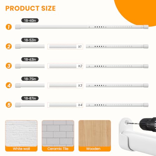 Oval Closet Rod for Hanging Clothes Adjustable Closet Rods 18 to 87 Inch Heavy Duty White Poles Bar Closet Rod Expandable for Wardrobes Laundry RV by VIOREMOS - Used condition - Image 4