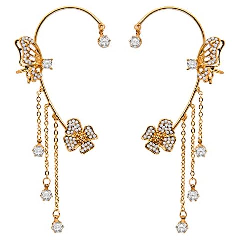 Butterfly Flowers Tassel Earrings, Long Shiny Zircon no Piercing Butterfly Ear Clips, Zinc, goldstone Cover