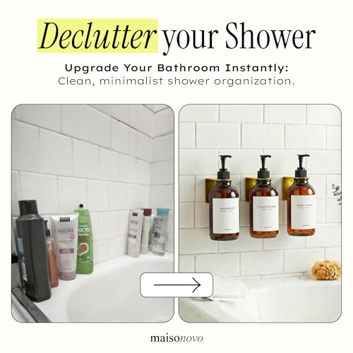Image of Shampoo and Conditioner Dispenser Wall Mounted Set of 3 Amber Gold - No Drill Shower Soap Dispenser for Bathroom Refillable - Spa Hotel Style Accessories by MaisoNovo