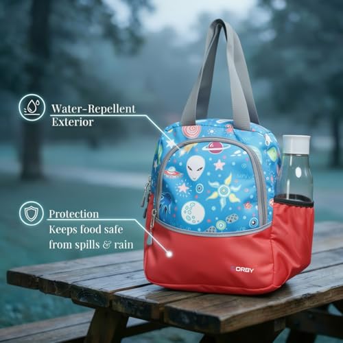 Image of ORBY Lunch Bag Galaxy Alien Red | Water-Repellent Durable Fabric | Tiffin Bag with Bottle Holder & Front Pocket | Strong Zipper & Spacious Meal Storage (Alien Pattern, Red)