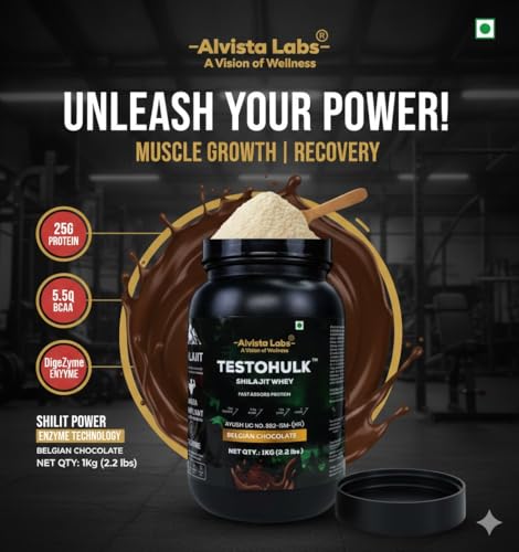 Image of Alvista Labs TestoHulk 2-in-1 Whey Protein | 25g Protein with Himalayan Shilajit & Ashwagandha | Muscle Building & Explosive Stamina | Belgian Chocolate - 1kg