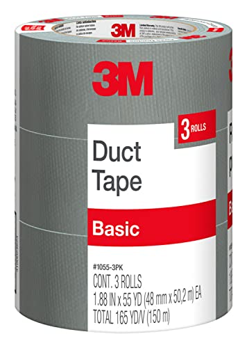 3M Basic Duct Tape, Silver Duct Tape for Bundle, Patch, Protect and Temporary Repairs, 1.88 Inches x 55 Yards, 3 Rolls