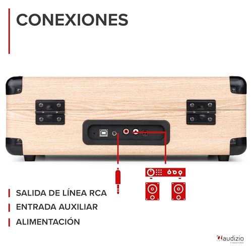 Audizio RP116LW Tocadiscos Retro con Bluetooth In/out, USB para MP3, Altavoz Integrado y 3 Velocidades – Maletín Reproductor de Vinilo en Acabado Madera Clara Ideal para Música, Estilo Vintage - imagen 10