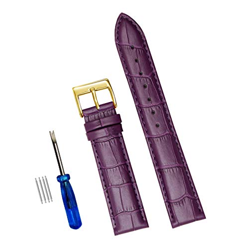 12/14/16/18/19/20/22/24mm Buntes echtes Leder atmungsaktiv Armband Edelstahl Dornschließe Uhrenarmband-Handgelenk-Armband mit Montagewerkzeug Lila Armband mit Goldschnalle, 18mm Cover