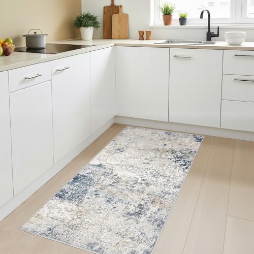 DMOYEST Rugs Living Room Washable: Area Rugs for Kitchen Entryway Bedroom Small Abstract Neutral Modern Rug Soft Non Slip Low Pile 80x150 - Beige Blue - Image 4