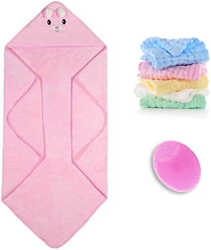 AIVEYSYA Hooded Baby Bath Towels, Soft Coral Fleece Absorbent Bath Towel Blanket with Baby Bath Brush and 5 Pack Muslin Baby Washcloths for Kids, Girls, Boys, 31 x 31 Inch (Pink Rabbit)