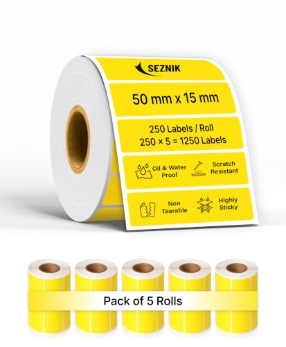 Image of SEZNIK Waterproof, Non-Tearable, Long Lasting Print, Sticky Thermal Lables, Label Roll, 2 inch Adhesive Thermal Labels for Label Printers (50mmx15mm) - 1250 Lables, Yellow