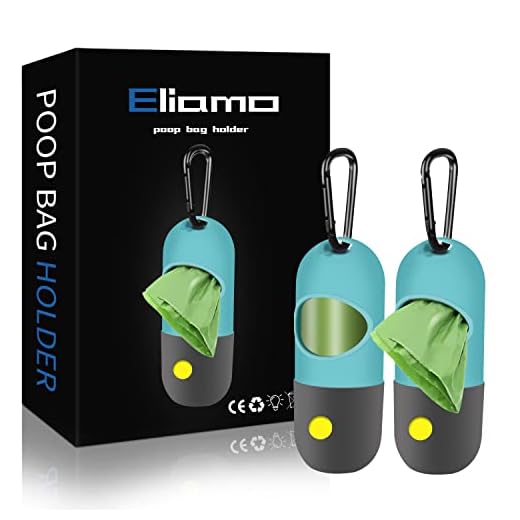 2 Pack Dog Poop Bag Dispenser with Built-in LED Flashlight, Pet Waste Bag Holder for Leash with Carabiner Clip for Lead Leash, 2 Rolls Leak-proof Doggy Waste Bags for Dog Walking, Blue