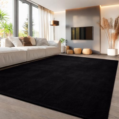 Aspire Homeware Modern Rugs Living Room 100% Polyester Rug for Bedroom Kids Room Soft Fluffy 600 GSM Anti Slip Backing Thick Pile Durable Carpet Non-Shedding Rug for Nursery Room Black, 160x230 cm