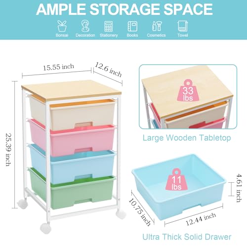 Image of Utility Cart with 4 Drawers, Rolling Storage Cart with Drawers, Rainbow
