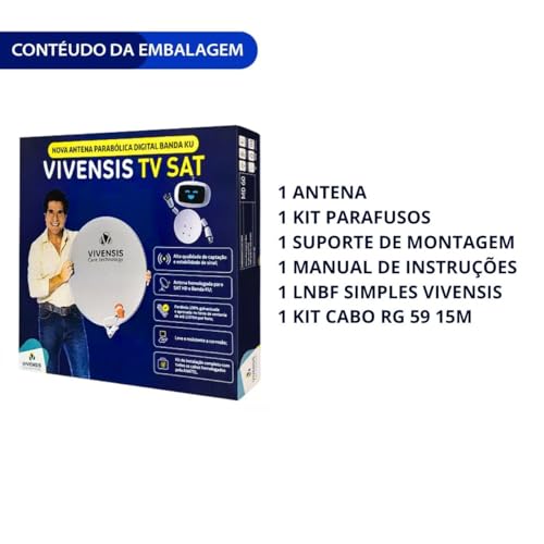 Kit Parabolica Digital Ku Vivensis + Lnbf + Cabo 15 Metros Branco