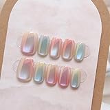 Aurora Press on Nails Short Square Fake Nails, Sparkly Gradient Aurora Acrylic Nails Glossy False Nails Full Cover Glue on Nails with Designs Artificial Nail Stick on Nails for Women, 20Pcs