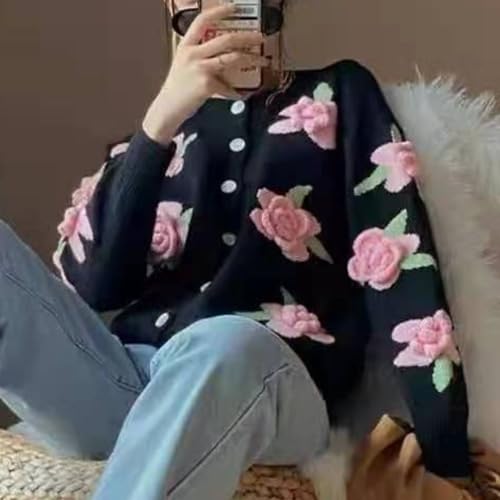 Image of FindThy Women's Kawaii 3D Floral Cardigan Long Sleeve Crewneck Knit Cardigan Sweaters