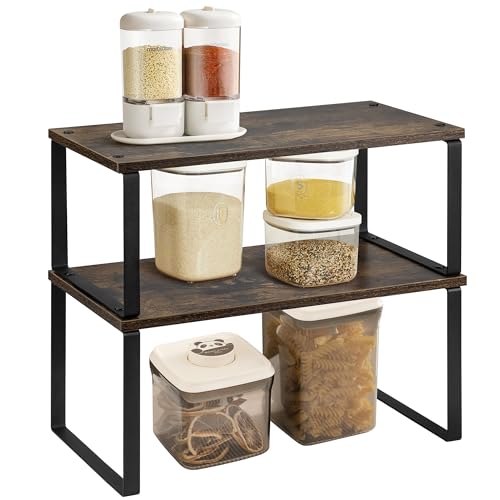 ASTOTSELL Wood Cupboard Shelf Organiser, Pack of 2 Stackable Kitchen Cabinet Organizer Rack for Spice Storage on Counter