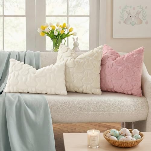 Image of decorUhome Easter Bunny Pillow Covers 16x16 Inch Set of 2, Soft Plush Faux Wool Jacquard Beige Rabbit Cushion Covers, Farmhouse Neutral Spring Easter Holiday Decor for Couch Sofa Bed