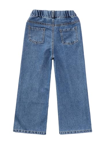 Aislor Kids Girls Frayed Star Straight Wide Leg Jeans Casual Washed Denim Pants Elastic Waist Denim Trousers with Pocket4