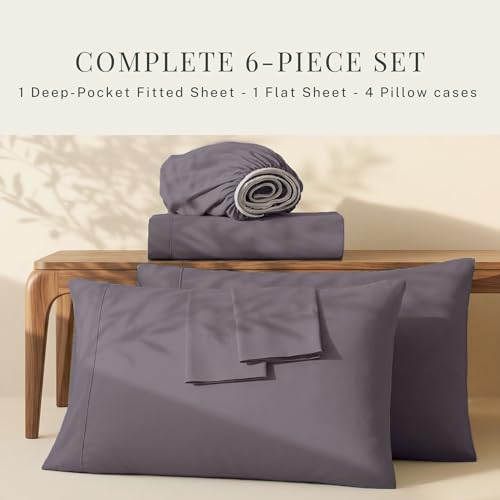 Image of Hearth & Harbor Bed Sheets, Luxury Soft 6 Piece Bed Sheet Set Extra Deep Pocket Fitted Sheets Fits Mattress up to 21 inch, Double Brushed Bedding Sheets & Pillowcases, Queen, Prpulish Gray