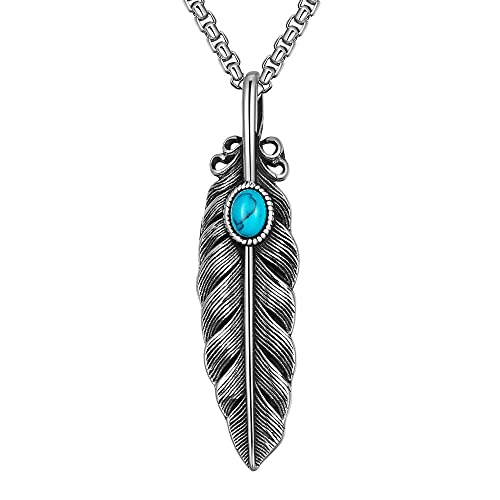 Mens Turquoise Feather Necklace Titanium Steel Vintage Silver Simple Punk Gothic Emo Fashion Hippie Long Leaf Pendant Necklace Jewelry Gift for
