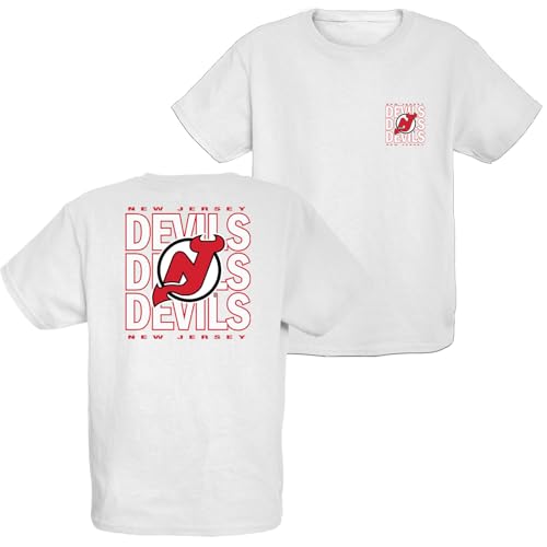 Blue 84 New Jersey Devils NHL Officially Licensed Youth T-Shirt Front/Back Curl White, Large
