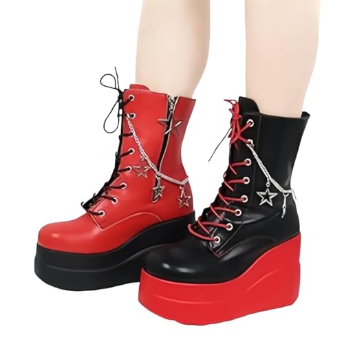 Platform Goth Ankle Boots for Women Punk Motorcycle Round Toe Chunky Heel Mid Calf Combat Boots Side Zipper Lace Up Wedge Booties3