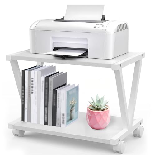 Gevvnss 2 Tier Under Desk Printer Stand,17.3x11x11 Inches Printer Cart with Wheels,Mobile Printer Table for Home Office,Large Printer Stand with Storage,for Home Office,White