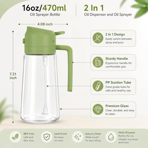 Image of 2-in-1 Oil Dispenser & Sprayer for Kitchen, 470ml Glass Olive Oil Spray Bottle w Fine Mist & Pour Spout + 200ml Plastic Silicone Brush Bottle, Leakproof, Cooking, BBQ Baking & Air Fryer Combo