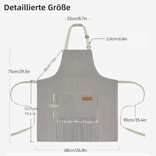 Thougthings Schürze Küchenschürze Kochschürze, Baumwolle mit zwei großen Taschen, Verstellbare Höhe, universell einsetzbar für Damen und Herren (Braun)