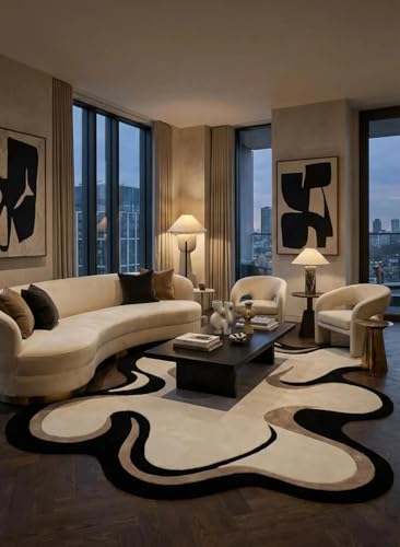 Image of Hand Tufted Wool Rug 6x8 Ft - Modern Irregular Shape Aesthetic Carpet, 1 Inch Thick Pile, Anti-Skid Backing, Soft Handmade Woolen Area Rug for Living Room, Bedroom, Hall Decor