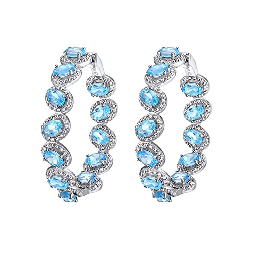 Boucles d'oreilles créoles anti-allergie en métal sterling et topaze ovale bleue