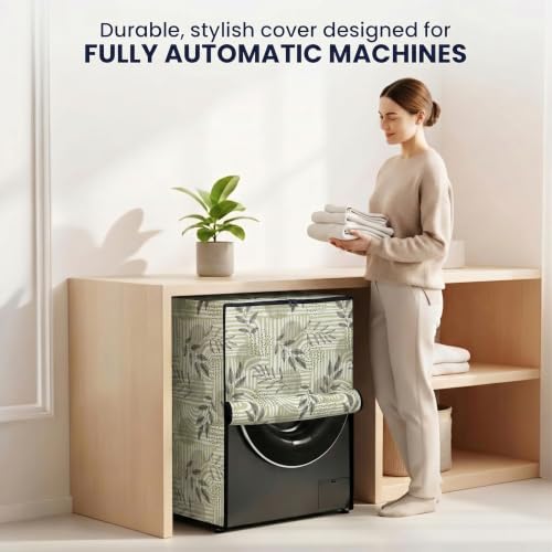 Image of Star Weaves Front Load Fully Automatic Washing Machine Cover for 6 kg, 6.5 kg, 7kg & 7.5 kg (Beige & Black) | Waterproof & Dustproof Polyester Fabric with Zipper | Protection Cover | 59 x 59 x 86 cms