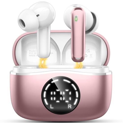 Wireless Earbuds, Bluetooth Headphones 5.4 HiFi Stereo Ear buds with ENC Noise Cancelling Mics, 48H Bluetooth Earbuds with LED Display Charging Case, IP7 Waterproof Earphones for Android iOS, Rosegold