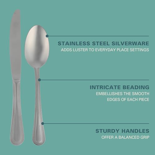 Image of Gibson Home Sinta 87-Piece Stainless Steel Flatware Set with Bead Border Design - Service for 12 Plus Serving Utensils, Polished Silverware, Dishwasher Safe