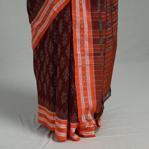 Image of ODISHAHANDLOOM Sambalpuri Pure Cotton Handloom Saree, Traditional Ikat Pattern, Red and Green, Without Blouse